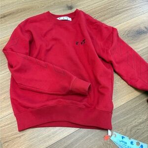 Off-White Red Crewneck Sweater with Ribbed Cuffs